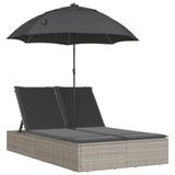 VidaXL Ligbed 2-persoons met kussens en parasol poly rattan lichtgrijs