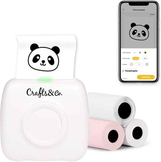 Crafts & Co. Crafts&Co Pocket Printer - Incl. 3 Rollen - Foto's, Labels, Stickers en Lijstjes Printen zonder Inkt - Thermische Mini Printer met App - Bluetooth - Draadloos - Scrapbooking en Hobbyprojecten