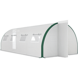 Serre tunnel 6x3 m avec 2 entrées et 8 fenêtres, en PE, polyester et acier galvanisé, blanc et vert.