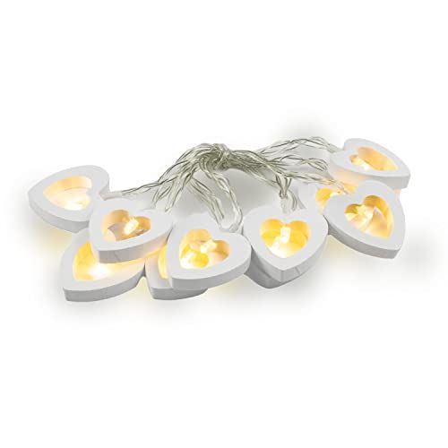 The Glowhouse Premium lichtketting met houten hartjes, werkt op batterijen, 10 leds met warm licht