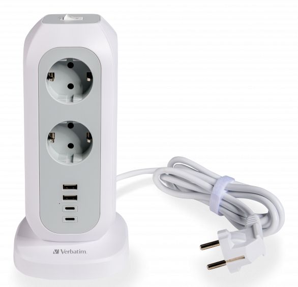 Verbatim Power Tower - 11 AC Outlets, 4 USB Ports (2x USB-A, 2x USB-C) - White