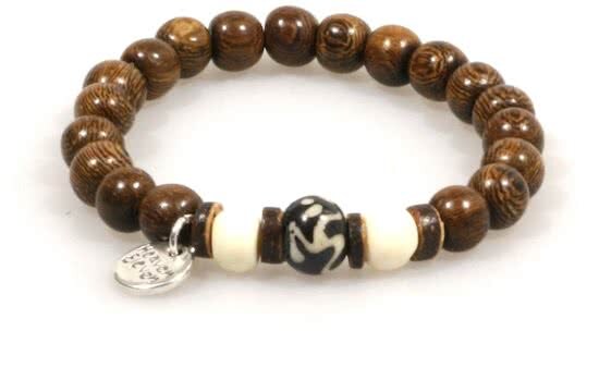 Heaven Eleven - dames armband - Ibiza - Bruin Hout met Wit en tibetaanse kraal - 18cm voor andere maten zie omschrijving