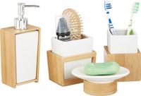 Relaxdays Badkameraccessoires Set 4-Delig - Bamboe Keramiek - Modern - Lichtbruin/Wit/Zilver