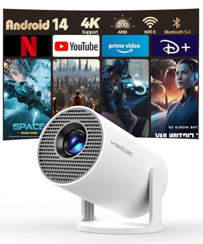 Draagbare Projector met Android 14, Miniprojector 4k 1080P Full HD-Ondersteuning 200ANSI 8000L, 5G WiFi-Videoprojector BT 5.4, Bioscoopprojector 180° Draaibaar voor tv-Stick
