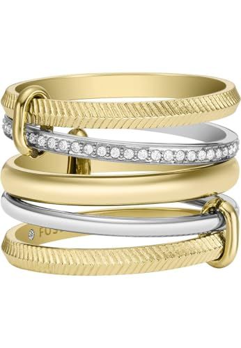 Fossil Prestack Damesring Harlow tweekleurig of goudkleurig roestvrij staal, Roestvrij staal, Zirkonia