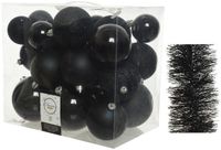 Decoris Kerstballen set kunststof 6-8-10 cm zwart - 28 stuks - mat glans glitter - folieslingers