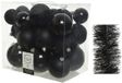 Decoris Kerstballen set kunststof 6-8-10 cm zwart - 28 stuks - mat glans glitter - folieslingers