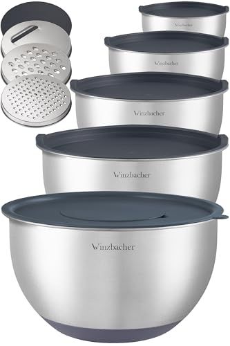 Winzbacher Roestvrijstalen kom met deksel, set van 5, 1 l + 1,5 l + 2,5 l + 3,5 l + 4,5 l, mengkom, slakom, kommenset, antislip, stapelbaar, vaatwasmachinebestendig, inclusief rasp