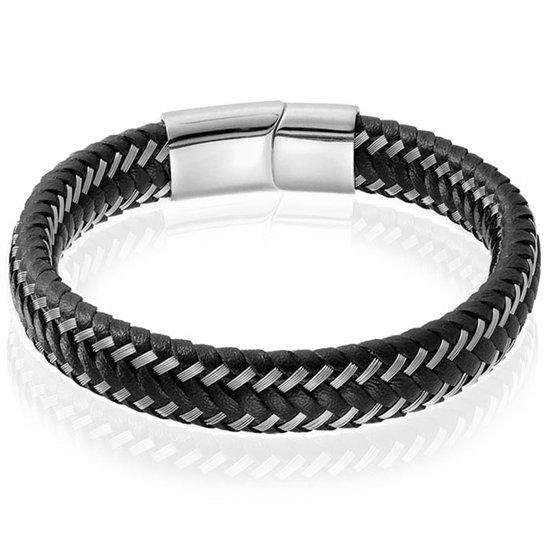 LGT JWLS LGT Jewels Heren armband Leer Edelstaal Zilverkleurig Zwart - 19cm