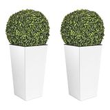 WellHome Prosperplast Urbi Square Bloempot, hoge bloempot van kunststof met witte tank, 55 cm breed, 29,5 cm diep, buxusbal Ø 36 cm