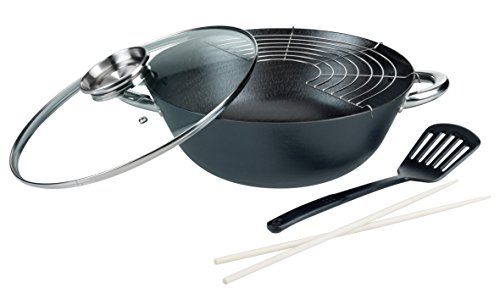 GSW gietijzer professionele multifunctionele stop/wokset met glazen deksel 32 cm/5-delig/ca. 6,2 liter, zwart, 32 cm, 5-eenheden