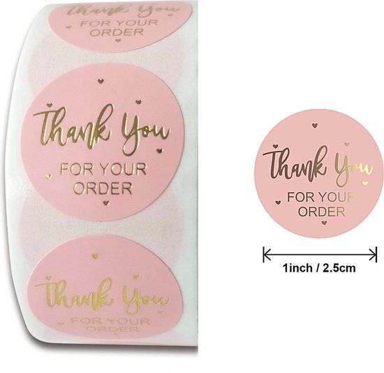Merkloos / Sans marque Thank you Stickers - 500 stuks - 25 mm - Roze/Goud