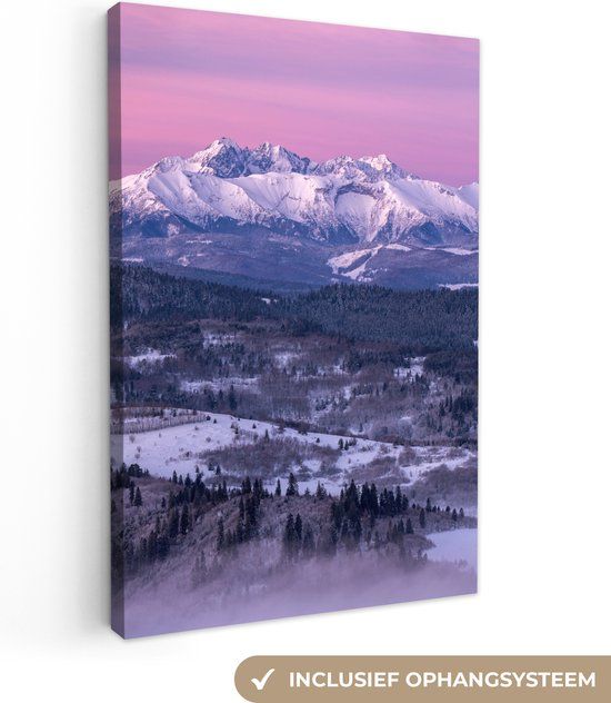 OneMillionCanvasses Canvas schilderij - Berg - Roze - Sneeuw - Horizon - Mist - Muurdecoratie - 40x60 cm
