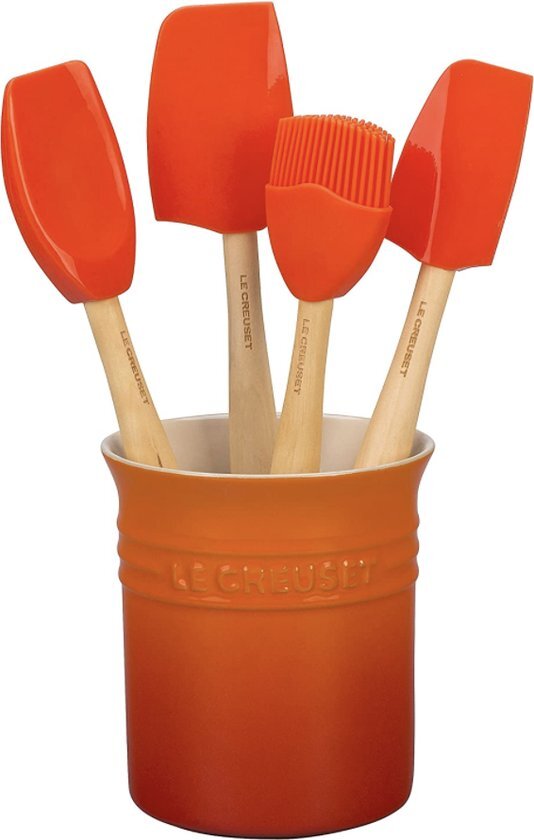 Le Creuset Classic gebruiksvoorwerpen pot (1,1 l), 4-delige ambachtelijke kooklepelset, geschenkdoos, ovenrood