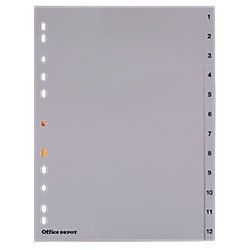 Office Depot Tabbladen A4 Grijs 12 tabs 11 gaats polypropyleen 1 tot 12