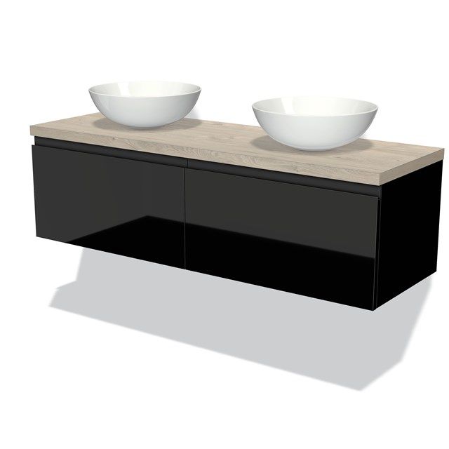 Maxaro Badkamermeubel Modulo Plato 140cm Hoogglans Zwart 2 Lades Greeploos Lichtgrijs Eiken Blad
