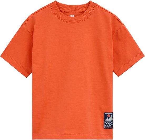 WE Fashion Jongens T-shirt met patch Coral Pink Katoen Ronde hals Korte mouw Oversized 158/164