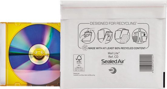 Mail Lite&#174; CD/DVD Luchtkussenenvelop, 180 x 160 mm, Kraftpapier, Wit (doos 100 stuks)