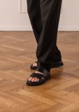 Manfield Heren Zwarte Leren Slippers Maat 46