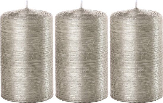 3x Silver Cylinder Candles 6 x 10 cm 25 Burning Hours - Scentless Silver Candles - Home Decorations