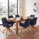 Mendler Set van 6 eetkamerstoelen, HWC-G67, eettafelstoel, keukenstoel met armleuning, draaibaar, hout, fluweel, 320 g/m², MVG, antraciet-blauw