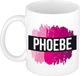 Bellatio Decorations Phoebe naam cadeau koffie mok - beker - met roze verfstrepen - Cadeau collega - moederdag - verjaardag - juf - coach - 300 ml - wit