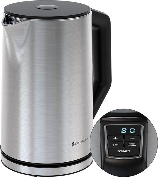 KitchenBrothers Waterkoker - Elektrisch - 1,5L - PFAS- & BPA-vrij - 2200W - Instelbare Temperatuurregeling - Dubbelwandig - Waterkoker RVS - Zilver