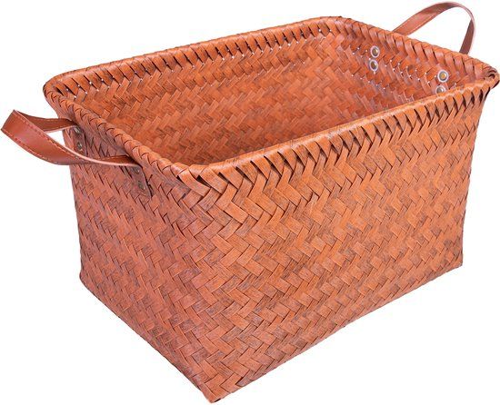 QUVIO Gevlochten Opbergmand - Met handvatten - Rechthoek - Rotan - 38x28x24 cm - Bruin