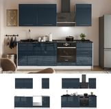 Vicco Complete keukeneenheid Fame-Line, Donkerblauw hoogglans/Wit, 230 cm, WB Marmer