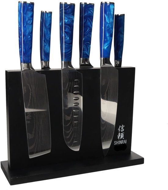 Shinrai Knives Japan Shinrai Knives Epoxy Sapphire Damascus Print 6-delige Messenset met Magnetisch Messenblok
