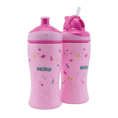 Nuby Nûby drinkfles met rietje en drinkfles met Pop-Up sluiting 360ml combipack vanaf 18 maanden, roze