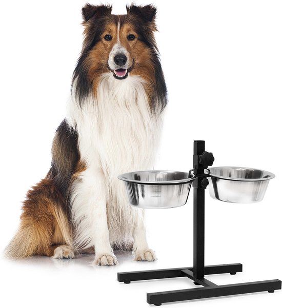 Relaxdays Hondenvoerbak op Standaard - In Hoogte Verstelbaar - Dubbele Voerbak - RVS - Zilver/Zwart - Maat M