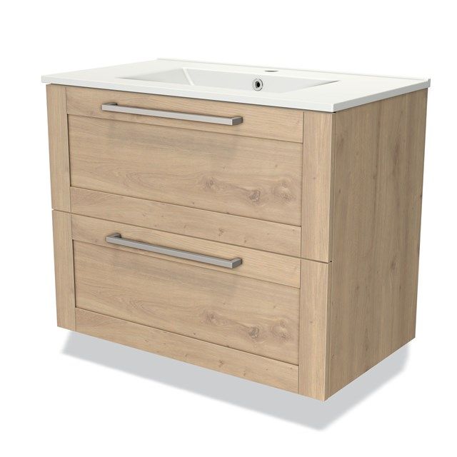Maxaro Badkamermeubel 80cm Modulo Lichtbruin Eiken 2 Lades Kader Wastafel Keramiek