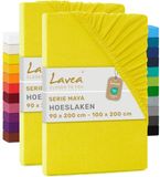 Lavea® Set van 2 Hoeslakens 90x200cm - 100x200cm – 100% Zacht en Ademend Katoen – voor Dikke Matrassen tot 20 cm – Jersey met Elastiek rondom – Zonnegeel