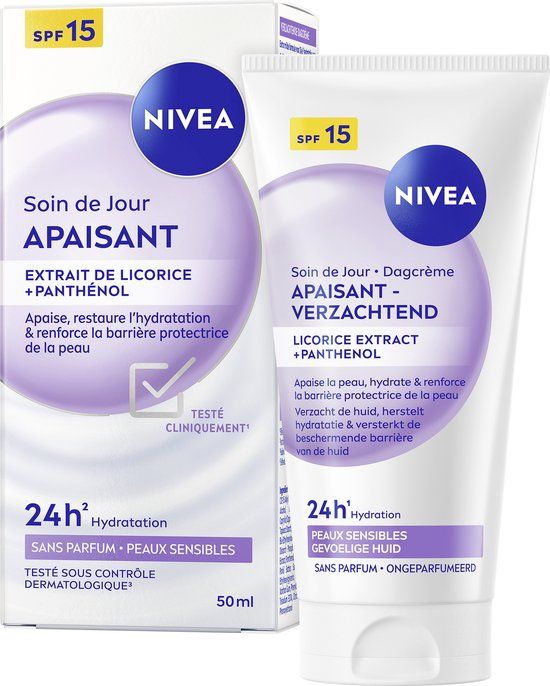 NIVEA Essentials Verzachtende Dagcrème voor Vrouwen - Gevoelige Huid - SPF15 - Moisturizer - Parfumvrij - Met Zoethoutextract - 50ml