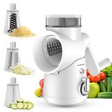KitchenBoss Handmatige kaasrasp, professionele snijmachine: groentesnijder 3-in-1, met zwengel en 3 verwisselbare messen van roestvrij staal, geschikt voor veel groenten en fruit, wit