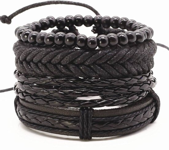 Joboly Stoere multilayer mannen / heren armband set gevlochten kralen - Heren - Zwart - 22 cm