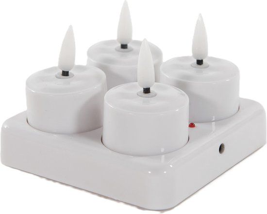 Anna's Collection Oplaadbare LED theelichtjes - 4x st - wit - H5 cm - met oplaadstation