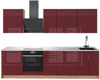 Vicco Complete keukeneenheid Fame-Line, Bordeauxrode hoogglans/Goudkleurig Eiken, 280 cm, WB Marmer