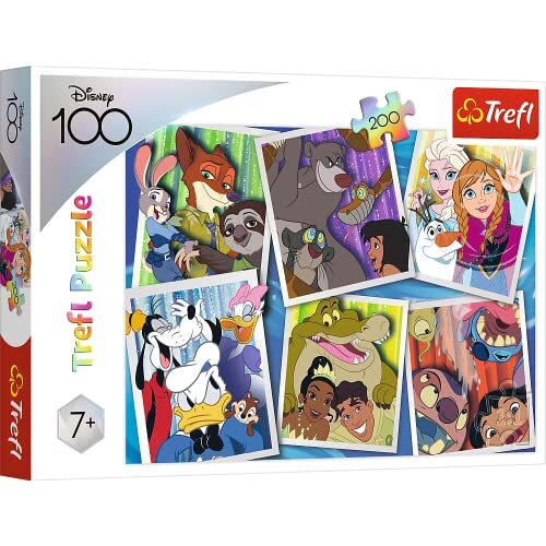 Trefl - Disney Figuren - Puzzel 200 Stukjes - Collage Met Sprookjesfiguren: Zootopia, The Jungle Book, Frozen, Donald Duck, The Princess And The Frog, Lilo en Stitch, voor Kinderen Vanaf 7 Jaar