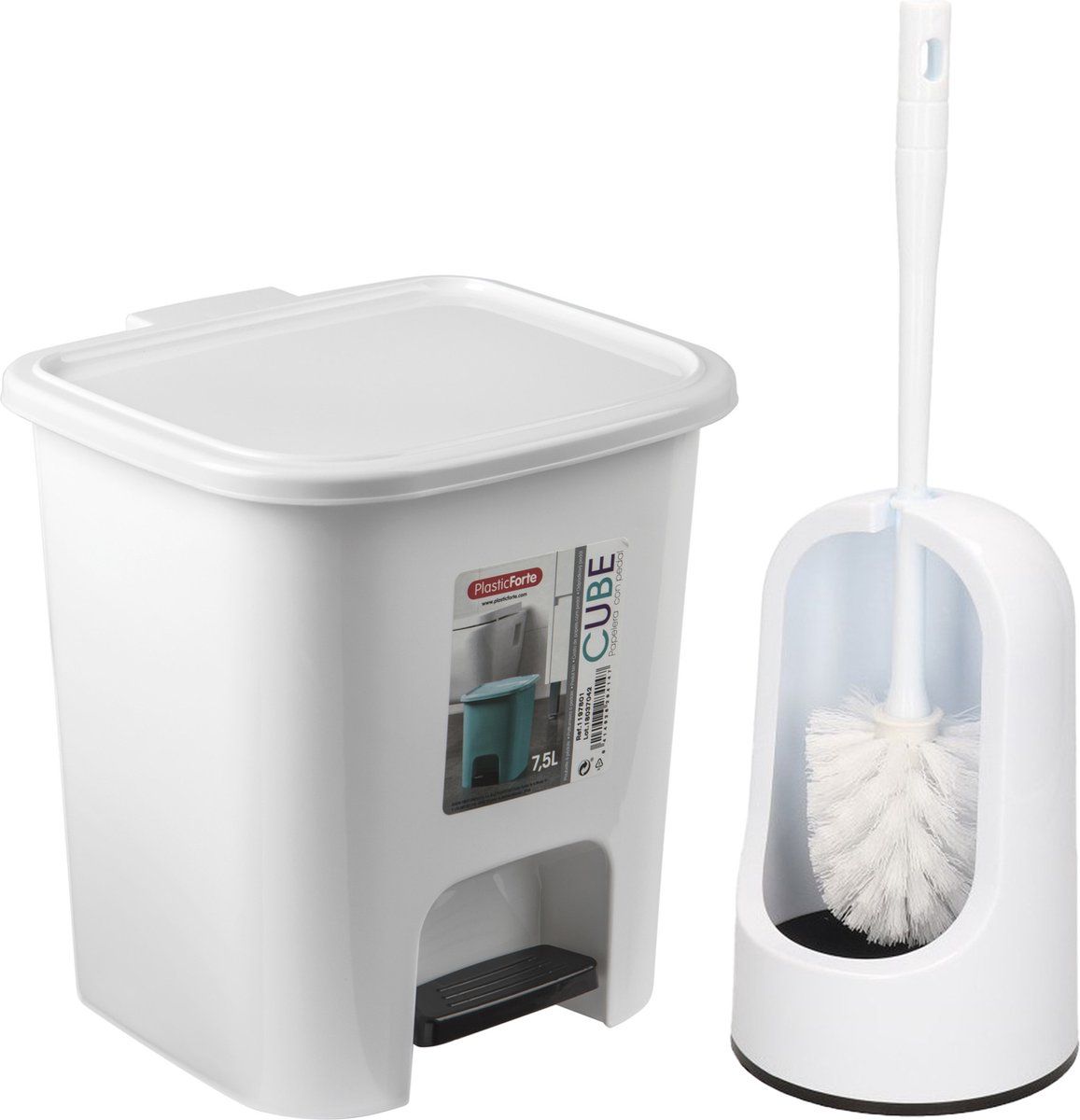 Forte Plastics WC-/toiletborstel houder - wit - pedaalemmer 7.5L
