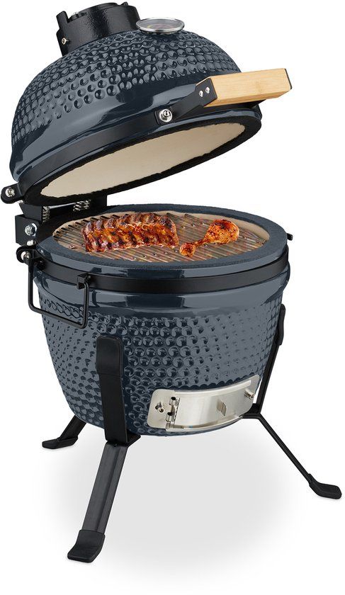 Merkloos / Sans marque Relaxdays Kamado barbecue - Ø 26 cm - keramisch - met thermometer - deksel - grijs