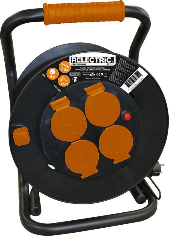 Relectric Pro Kabelhaspel - 50 meter - 4 stopcontacten - Met oprolknop - Randaarde - IP44 - Zwart