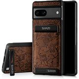 SURAZO Premium echt lederen achterkant voor Google Pixel 7A hoes, stootvast lederen telefoonhoes met [kaartenvak, standfunctie, sleutelhanger] florale slanke bumper beschermhoes (ornament bruin)