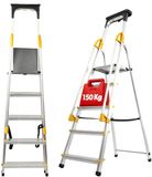 KADAX Aluminium ladder met leuning, trapladder, belastbaar tot 150 kg, ladder in 3 versies, inklapbare huishoudladder met vak voor kwast en antislipvoeten (5 treden)