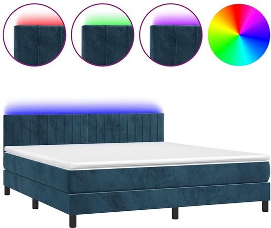vidaXL Boxspring met Matras en LED Fluweel Donkerblauw 180x200 cm