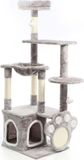 Fudajo Kraboom met voet-krabplank, grijs, 135 cm. Kraboom voor katten met kattenhuis en ligplaats, kattenboom met plateaus, klimboom voor katten