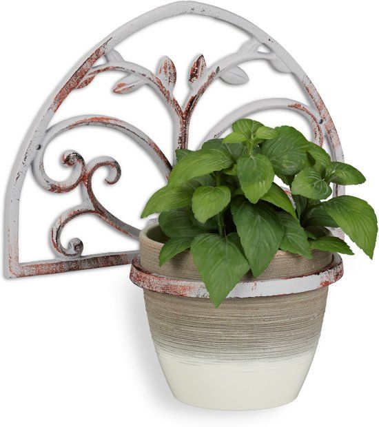 Relaxdays bloempothouder - hanging basket - bloempothanger - gietijzer - wandhaak - wit