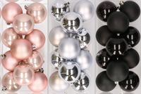 Merkloos / Sans marque Kerstversiering 36x stuks kunststof kerstballen mix van lichtroze, zilver en zwart 6 cm