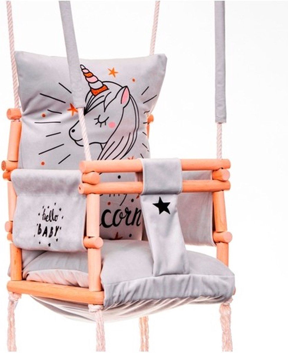 LoveGifts Luxe houten 3 in 1 handgemaakte unicorn meegroei baby schommel en kinder schommel met hart vormig kussen – Baby swing – Schommel die meegroeit met je kindje - Schommelstoel - Schommels